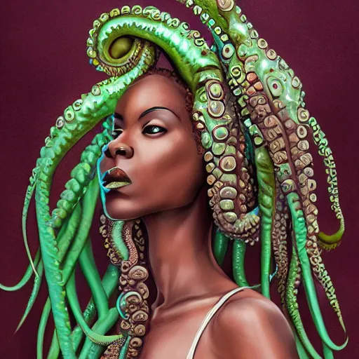 Image similar to rastafari woman with octopus arms as hair, intricate, elegant, highly detailed, digital painting, realistic shading, cinematic composition, hdr, photorealistic, 8 0 mm, concept art, artstation, matte, sharp focus, illustration, art by keith thompson and christopher lane