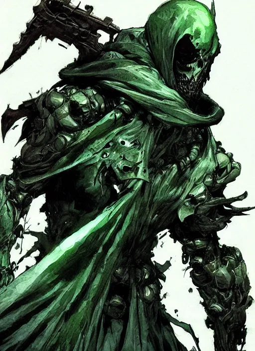 Image similar to Reaper, rotting commander of the undead in soiled green hooded robe. In style of Yoji Shinkawa and Hyung-tae Kim, trending on ArtStation, dark fantasy, great composition, concept art, highly detailed, dynamic pose.