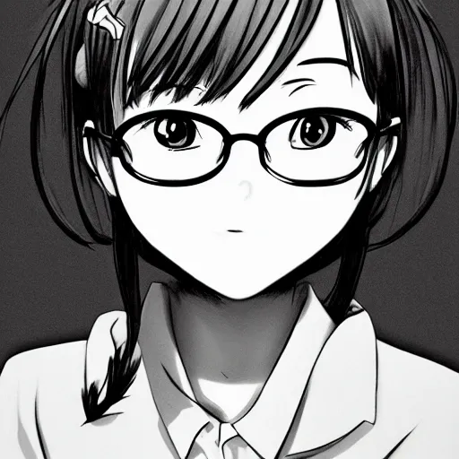 Prompt: a perfect, professional digital pen sketch of a manga schoolgirl wearing glasses, by a professional Chinese artist on ArtStation