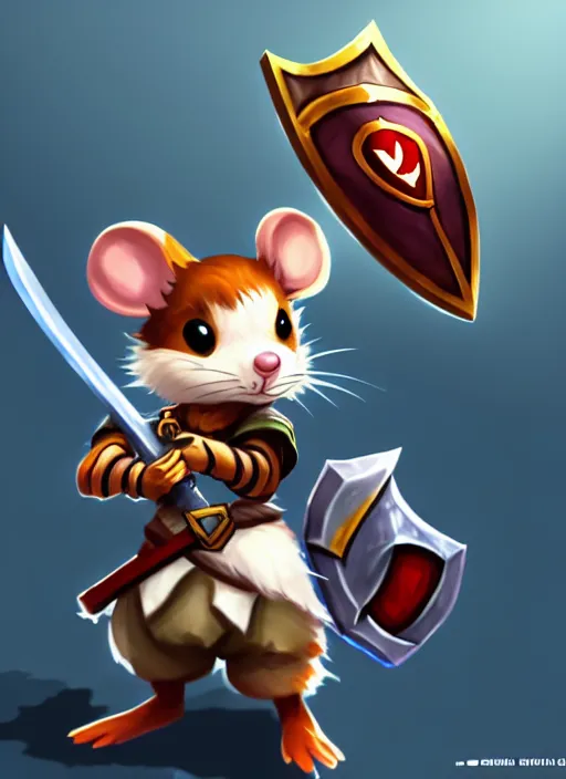 Image similar to a cute mouse boy furry with a sword and shield. league of legends splash art