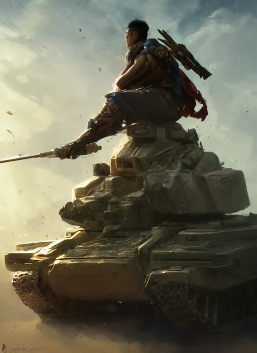 Prompt: side profile of a filipino man sitting on a tank holding a scepter eating popcorn, fantasy, digital painting, volumetric light, intricate, sharp, focus, bloom, illustration, highly detailed, concept art, matte, ruan jia, randy vargas, greg rutkowski