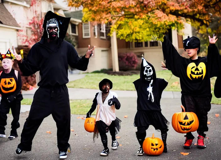 Prompt: dslr photo still of odb of wu tang clan trick or treating on halloween, 4 k, 1 2 0 mm f 1 6