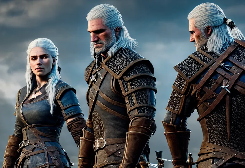 Prompt: geralt of rivia and ciri in the witcher 3, hyper realistic, cinimatic, epic shot, movie still, 8 k, dramatic shot, dramatic lighting, vibrant, shadows, reflections, depth of field