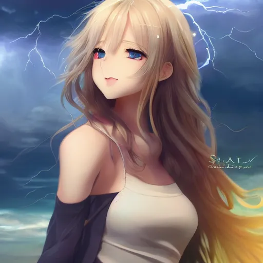 Image similar to a very beautiful anime cute girl, full body, long wavy blond hair, sky blue eyes, full round face, short smile, fancy top, miniskirt, front view, summer lake setting, storm weather, cinematic lightning, medium shot, mid-shot, highly detailed, cinematic wallpaper by Stanley Artgerm Lau