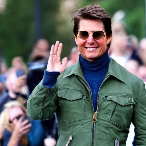 Image similar to Tom Cruise waving to fans. He's wearing bluejeans and a green jacket, Ralph Lauren. A helicopter is in the background. Shallow depth of field