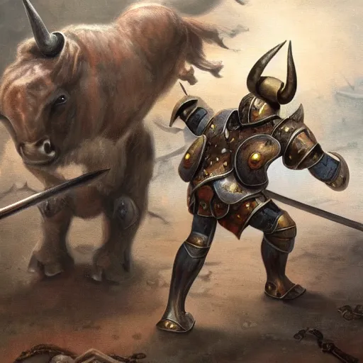 Image similar to a minotaur wearing steel plate armor and holding a mace, human dressed as a bull