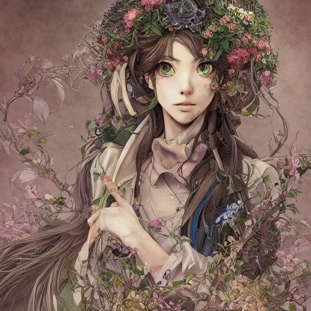 Prompt: the portrait of chaotic good female druid botanist as absurdly beautiful, gorgeous, elegant, young anime girl, an ultrafine hyperdetailed illustration by kim jung gi, irakli nadar, intricate linework, sharp focus, bright colors, octopath traveler, final fantasy, unreal engine 5 highly rendered, global illumination, radiant light, detailed and intricate environment