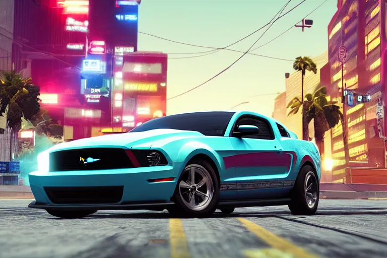 Prompt: 3 5 mm low angle photo concept science fiction car 2 0 1 2 ford mustang hot rod on a city street, gta 5, hyper detailed, smooth, high contrast, volumetric lighting, octane, jim lee, giorgetto giugiaro, craig mullins, chris bangle, ian callum!, miami synthwave, moebius, vibrant rich deep color, comic book