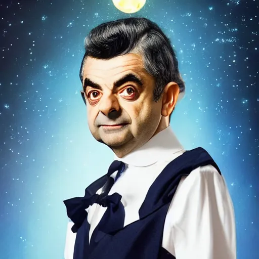 Image similar to Rowan Atkinson in-costume as Sailor Moon in the upcoming live-action TV adaptation, high-budget, sailor moon mr. bean, crisp detailing, dramatic lighting, promotional image, character portrait by Tom Bagshaw, 4k