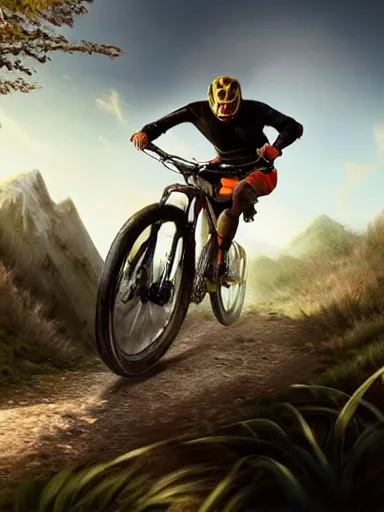 Image similar to handsome man riding a mountain bike in the wild, downhill. intricate, elegant, highly detailed, digital painting, artstation, cinematic shot, concept art, sharp focus, illustration, by justin gerard and artgerm, 8 k