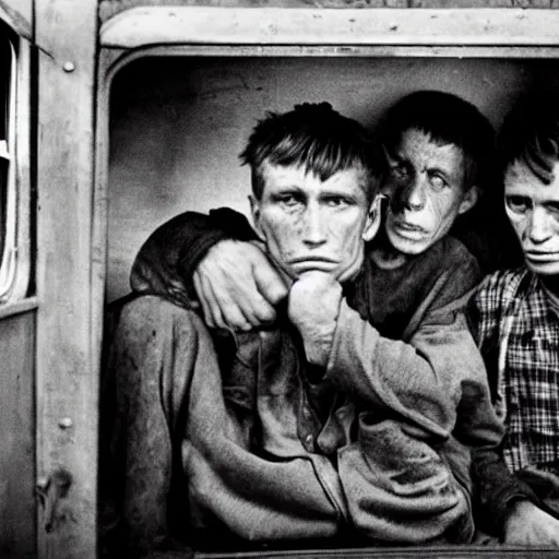 Image similar to Award winning Dorothea Lange photo, 1934, Great Depression. Three hobos sitting in a train car with an open door, looking at the camera. They look serious and tired. Americana, vintage, Pulitzer Prize.