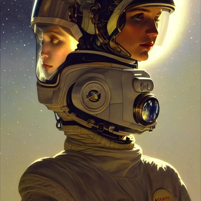 Image similar to astronaut with reflections on visor, diffuse lighting, fantasy, intricate, elegant, highly detailed, lifelike, photorealistic, digital painting, artstation, illustration, concept art, smooth, sharp focus, art by John Collier and Albert Aublet and Krenz Cushart and Artem Demura and Alphonse Mucha