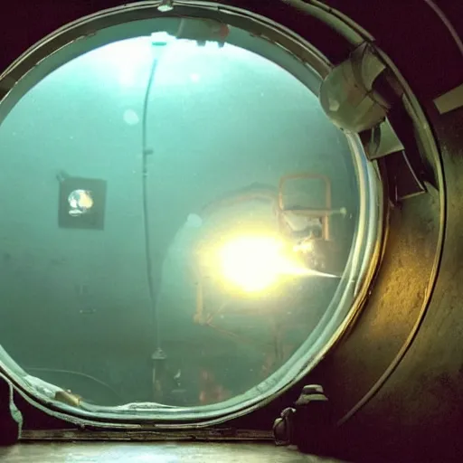 Image similar to year 1930, inside an empty ussr submarine, foggy and dark with littles light beams coming from many holes, in metal walls, photorealism 8k, cinematic, high details, neat