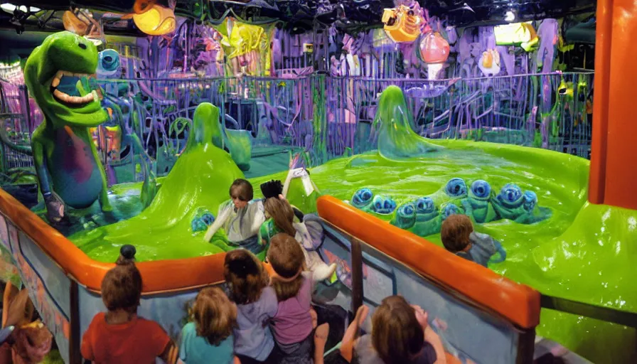 Prompt: 1990s photo of inside the Nickelodeon Blockbuster Gameboy Slime Show ride at Universal Studios in Orlando, Florida, children riding a VHS tape through a slime Muppet tamagotchi town, cinematic, UHD