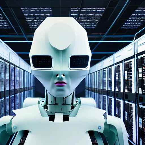 Image similar to hyperrealism stock photo of highly detailed stylish humanoid robot in futuristic sci - fi style by gragory crewdson and vincent di fate in the detailed data center by mike winkelmann and laurie greasley rendered in blender and octane render