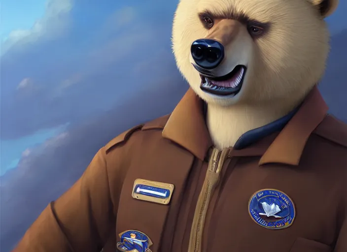 Image similar to character portrait feature of the anthro male anthropomorphic kamchatka brown bear fursona wearing airline pilot outfit uniform professional pilot for the us air force character design stylized by charlie bowater, ross tran, artgerm, and makoto shinkai, detailed, soft lighting, rendered in octane, maldives in background