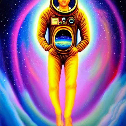 Image similar to transcendent holy spaceman, astral spirit space journey in oil painting, pulled into the vortex, trending on artstation, award winning, emotional, highly detailed ethereal surrealist art