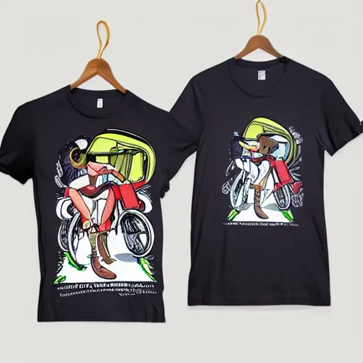 Prompt: a witch riding a cafe racer, retro colors, graphic tee shirt