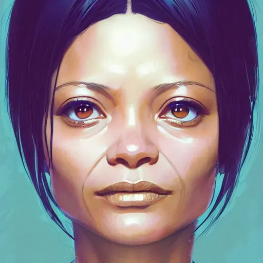 Image similar to thandie newton portrait as manga girl, realistic shaded perfect face, fine details. anime. realistic shaded lighting poster by ilya kuvshinov katsuhiro otomo ghost - in - the - shell, magali villeneuve, artgerm, jeremy lipkin and michael garmash and rob rey