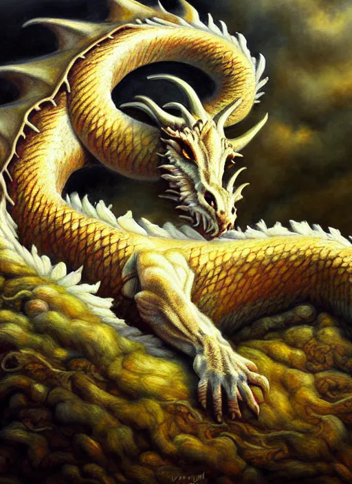 Prompt: portrait of a dragon dreaming of sheep, deviantart oil painting, award winning, highly detailed painting