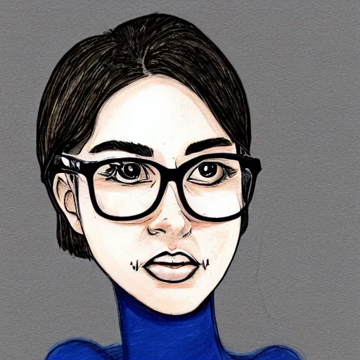Prompt: a nerdy young woman from berlin with big glasses, character portrait, ink drawing, color, concept art by john van fleet