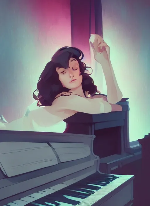 Prompt: a brunette woman sleeping on the piano in the style of artgerm and charlie bowater and atey ghailan and mike mignola, vibrant colors and hard shadows and strong rim light, epic lighting, wide angle shot, comic cover art, plain background, trending on artstation