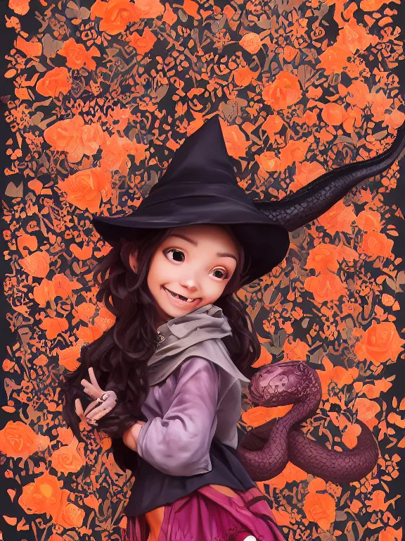 Image similar to Full shot of a cute mischievous young witch about to get up to some trouble with her playful snake familiar. Latin American fashion. Floral patterns. Black and Orange palette. Magic. Latina girl. brown skin. defined facial features, symmetrical facial features. Smiling. By Ruan Jia and Artgerm and Range Murata and WLOP and Ross Tran and William-Adolphe Bouguereau. Key Art. Fantasy Illustration. award winning, Artstation, intricate details, realistic, Hyperdetailed, 8k resolution.