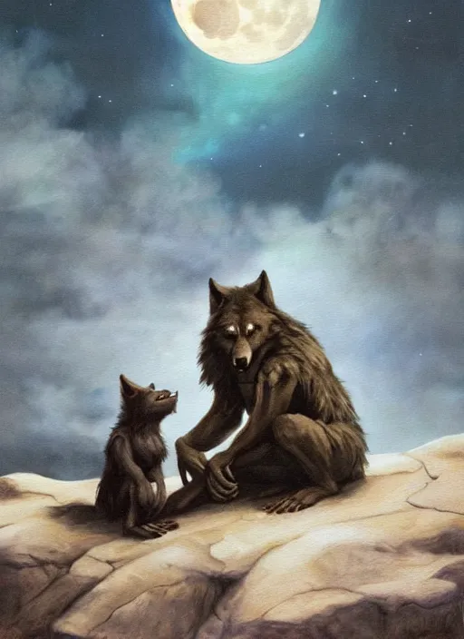 Prompt: a painting of a werewolf at night sitting next to a human child in front of full moon, fantasy art, matte painting