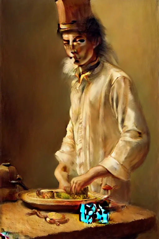 Image similar to a portrait of a cat dressed as a cook, high detail, cleary see face, by gaston bussiere, bayard wu, greg rutkowski, odd nerdrum, maxim verehin, dan dos santos, masterpiece, sharp focus, cinematic lightning