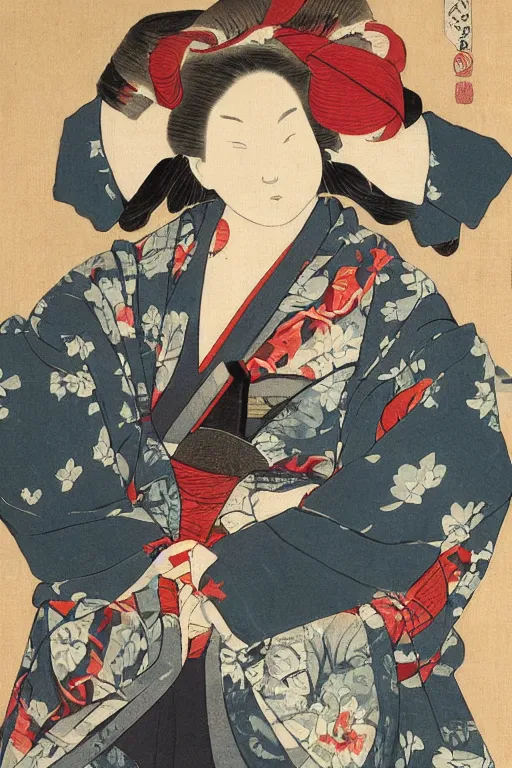 Prompt: geisha with traditional kimono, art of the katsushika hokusai