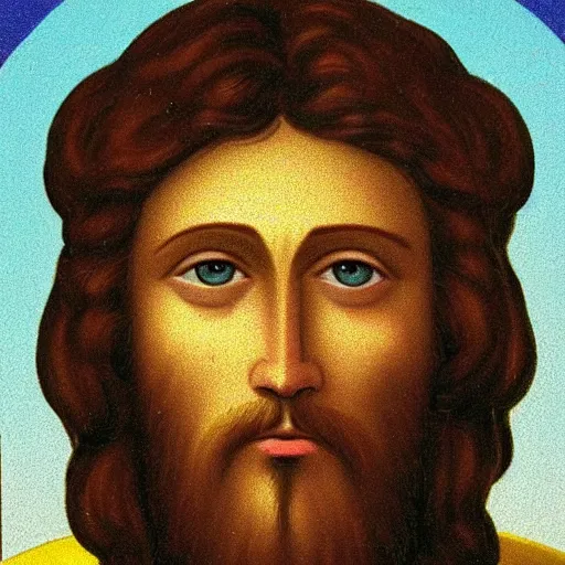 Image similar to jesus with a yellow donut on top of his head