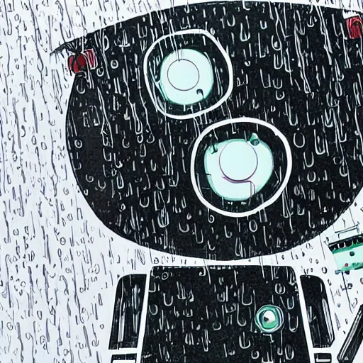 Image similar to A robot dancing in the rain, close-up, highly detailed, illustration