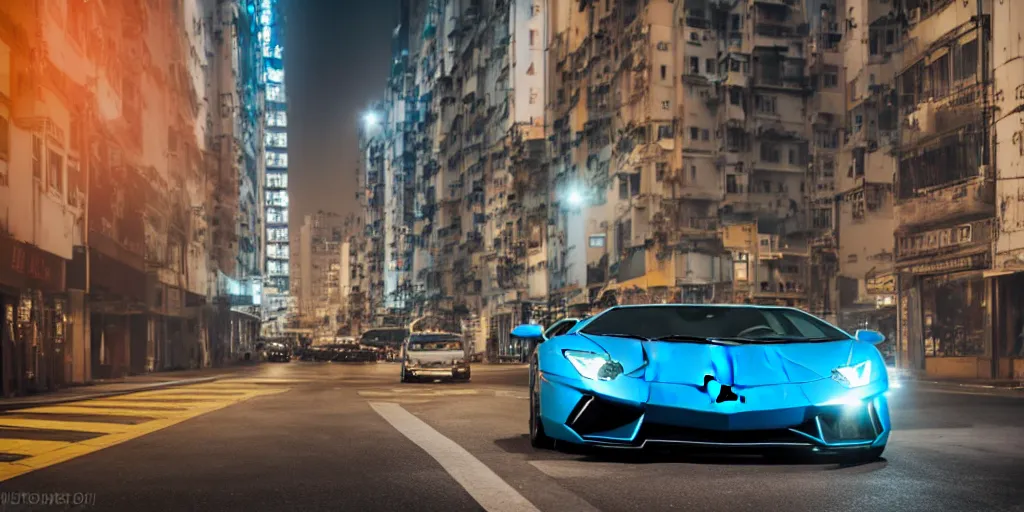 Image similar to lamborghini aventador with a light reflection in the middle of a road on the night Hong Kong china town, blue color grading, cinematic color grading , unreal 5, hyperrealistic, realistic, photorealistic, dynamic lighting, highly detailed, cinematic landscape, studio landscape, studio lighting