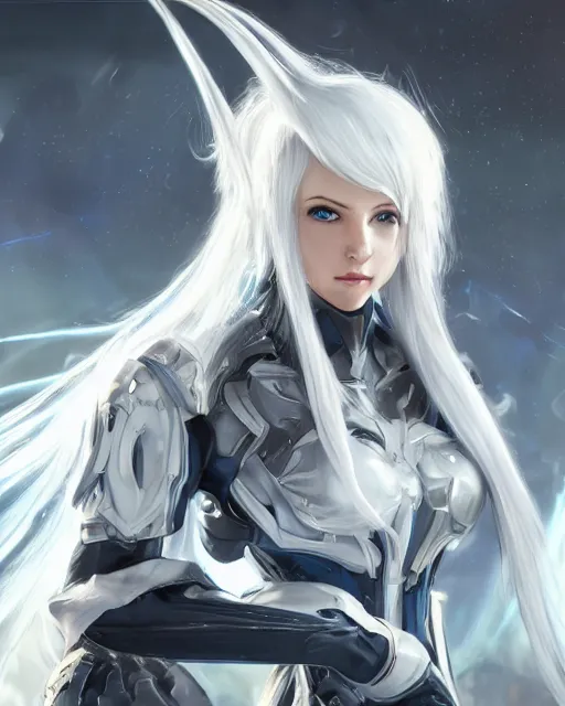 Image similar to perfect white haired girl, warframe armor, beautiful, dreamy, pretty face, blue eyes, portrait, detailed, bright light, scifi, amazing, utopian architecture in the background, laboratory, 4 k, ultra realistic, aura of light, cinematic, high detail, masterpiece, art by akihito tsukushi, akasuki brightmind