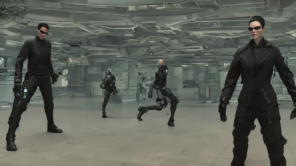 Image similar to the matrix movie scene in the style of 3d overwatch, pixar, unreal engine