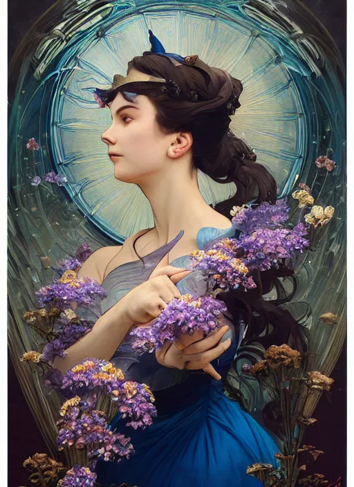 Image similar to portrait of cinderella, flowers, blue spike aura in motion, floating pieces, painted art by tsuyoshi nagano, greg rutkowski, artgerm, alphonse mucha, spike painting