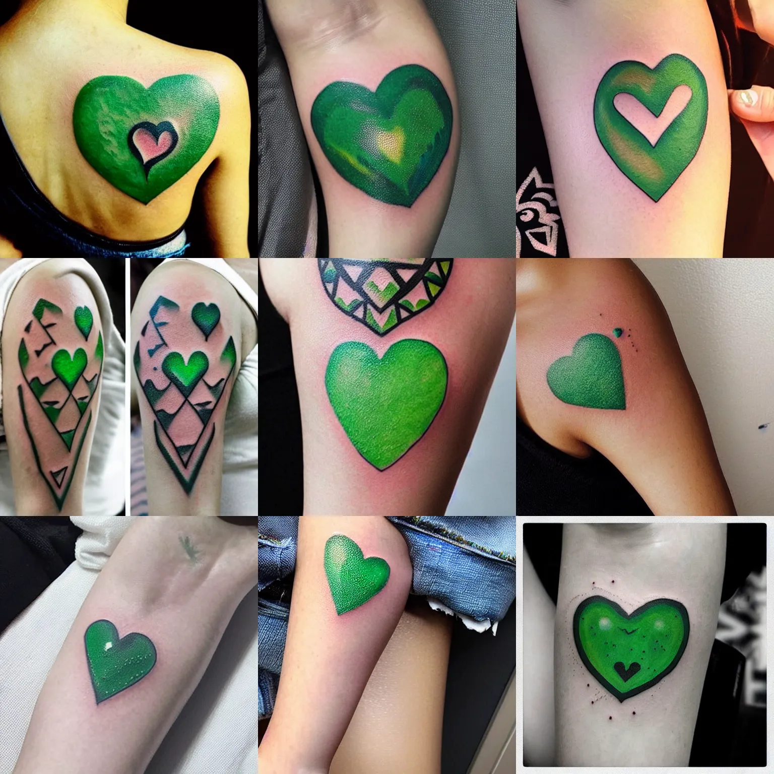 Prompt: “cute neotraditional green heart emoji modern tattoo with sparkles, instagram tattoo artist showcase, healed design”