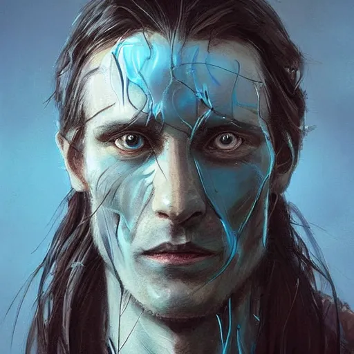 Prompt: Portrait of a man by Greg Rutkowski, he is about 30 years old, messy long black hair, tired appearance, roman nose, he has become some sort of biomechanical transhuman god with eyes that glow electric blue, peaceful but sad expression, highly detailed portrait, digital painting, artstation, concept art, smooth, sharp foccus ilustration, Artstation HQ.