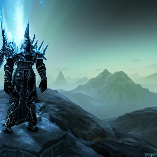 Image similar to world of warcraft arthas viewed from the back standing in front of a vast icy land and dark icy mounatins in the background, extreely detailed, wow, cinematic, unreal engine 5, artistic, movie poster, world of warcraft cinematics style, only dark contrasting colours, colours ranging of blue white and black