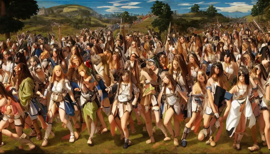 Image similar to jesus christ our lord leading an army of anime girls into battle, photorealistic, anime, mini skirt, long hair, renaissance painting, hyper real, detailed, wide angle shot, ultra detailed