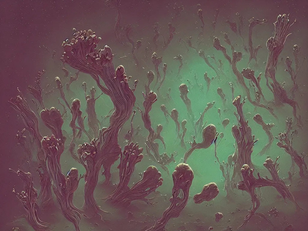 Prompt: it came from outer space by beeple : 4, a 8 k instax film rendered in unreal engine : 2, collaboration between zdzisław beksinski and salvador dali, a micrograph of mutant chlorociboria spores and hyphae, interstellar earthstar geastrum enigma