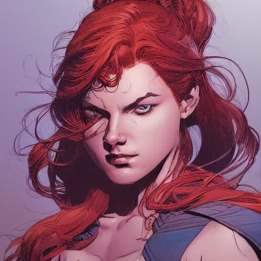 Prompt: a beautiful comic book illustration of a pretty red-headed woman by Jerome Opeña, featured on artstation