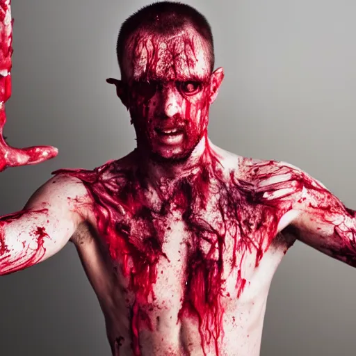 Image similar to ultra detailed photo of a man with many bloody arms covering his entire body