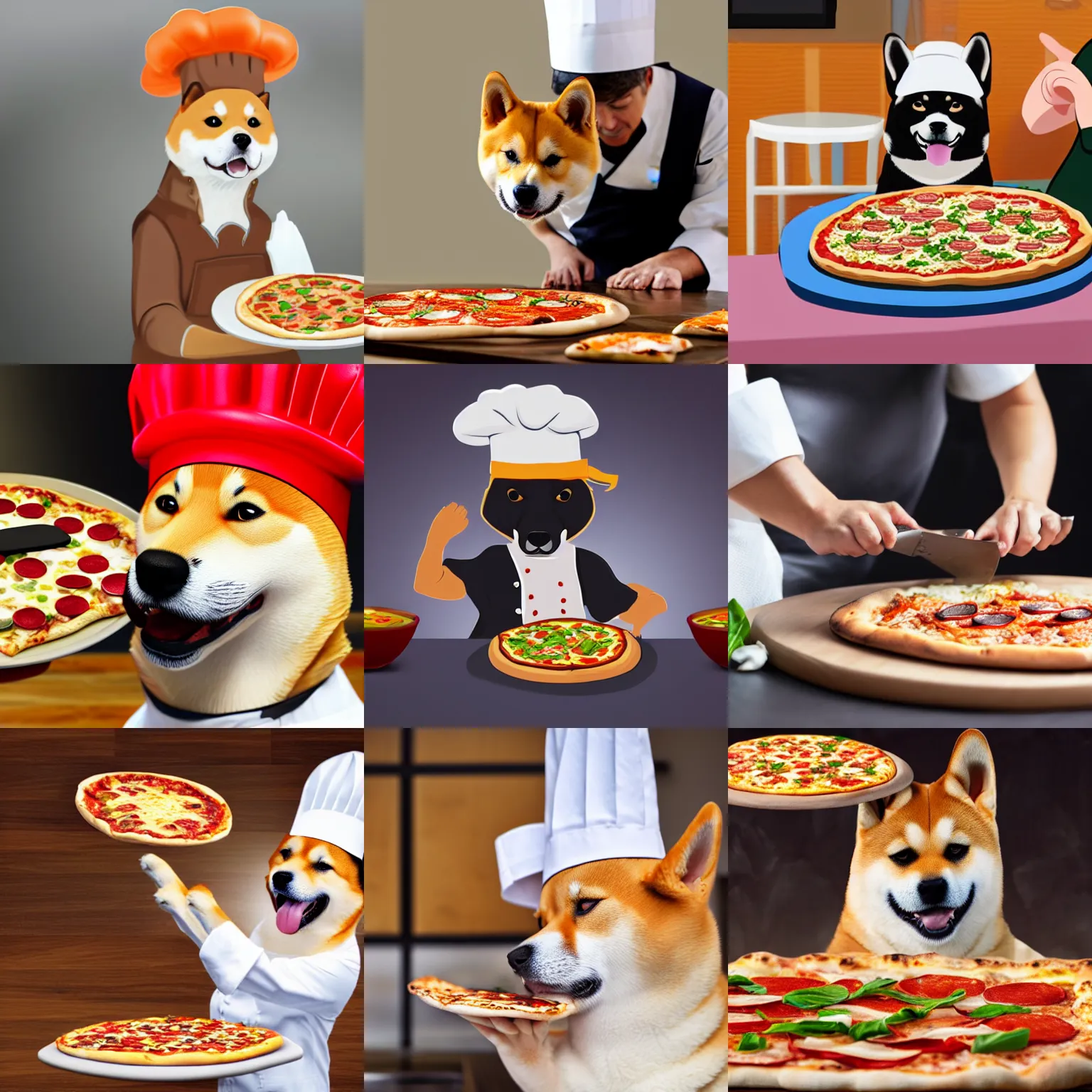 Prompt: shiba inu wearing a chef's hat and preparing a pizza, incredibly detailed, 8 k,