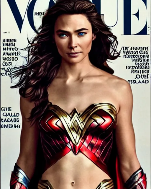 Prompt: Chris Hemsworth looking like Wonder Woman, Vogue cover photo, realistic face, detailed face, highly detailed, professional photo