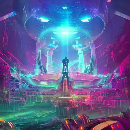 Prompt: an underwater city comprised of light built in the side of a giant robot trying to save the planet, set in the distant future, plants, light prisms, rainbow diffraction, steampunk, cyberpunk, warm lights, anime, vhs distortion, art style mimics starlight brigade by game grumps