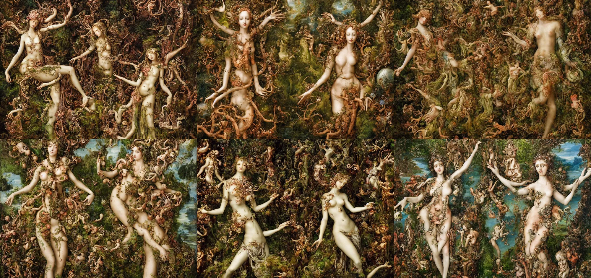 Prompt: one beautiful fractal goddess with many arms holding strange trinkets wandering in a vast dream landscape, renaissance painting, complex and desaturated, moss and coral and fungi covering ancient relics