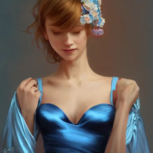 Prompt: portrait of ballerina wearing satin nightgown, blue hair, attractive, casual, modern, victoria's secret, highly detailed, digital painting, artstation, concept art, smooth, sharp focus, illustration, art by artgerm, greg rutkowski and alphonse mucha