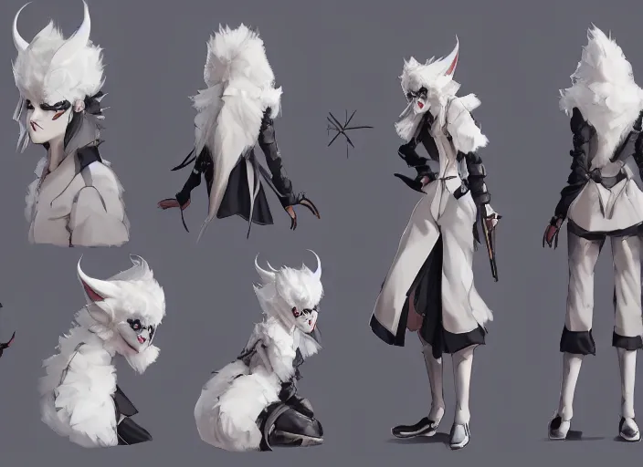 Image similar to character sheet for a beautiful and cute girl with a long white fur coat for genshin impact by greg rutkowski, black to light white fade hair, genshin impact style, ghibli, fashion design, overwatch style, sorcerer magic witch, digital art, trending on artstation, hd, 8 k, highly detailed, good lighting, beautiful, masterpiece