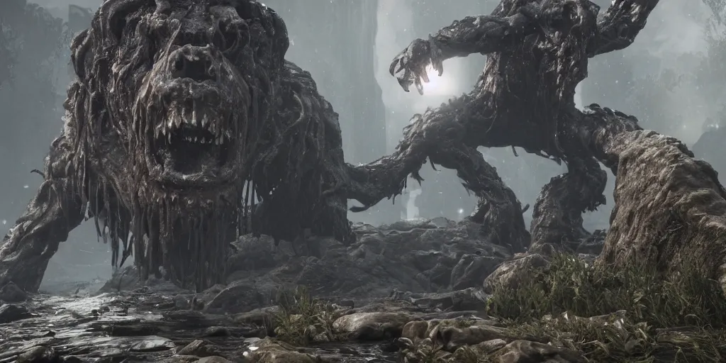 Image similar to a hp lovecraft monster boss fight in interior in beautiful world realistic graphic firstperson game, realistic, ultra setting, highly detailed, fps game, game of the year, raytracing on, rtx 3 0 9 0 ti, gta v, death stranding game